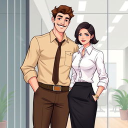 A charming romance book cover set in a modern corporate office background, featuring a tall, lanky man with brown hair and a well-groomed moustache