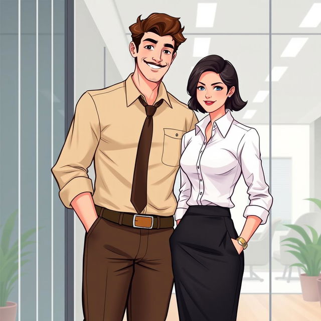 A charming romance book cover set in a modern corporate office background, featuring a tall, lanky man with brown hair and a well-groomed moustache