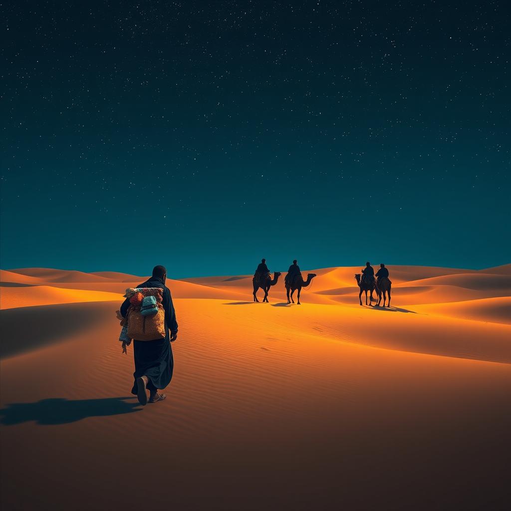 A black street vendor walking through a vast desert, with the silhouette of the three wise men from the East visible in the distance, under a starry sky