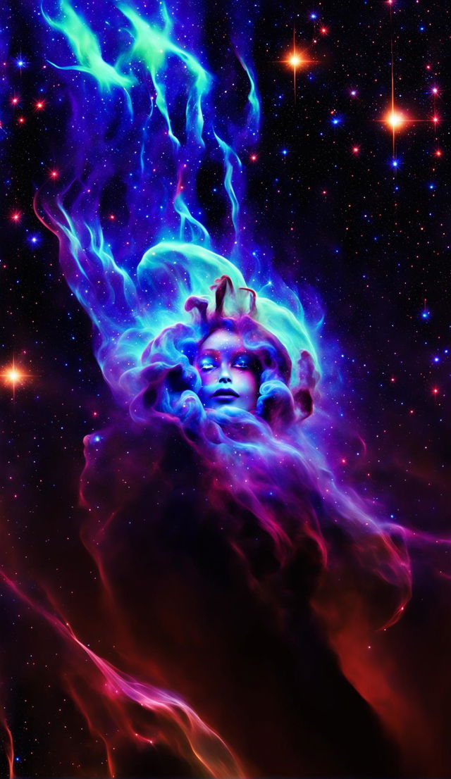 A nebula in space forms into the face of a goddess with starry eyes and lips made from swirling gases. Her hair is composed of galaxies and stardust against a backdrop of distant stars.