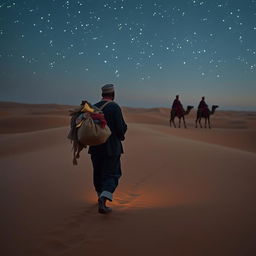 A black street vendor walking through a vast desert, with the silhouette of the three wise men from the East visible in the distance, under a starry sky