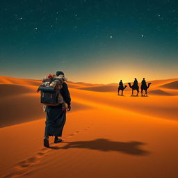 A black street vendor walking through a vast desert, with the silhouette of the three wise men from the East visible in the distance, under a starry sky