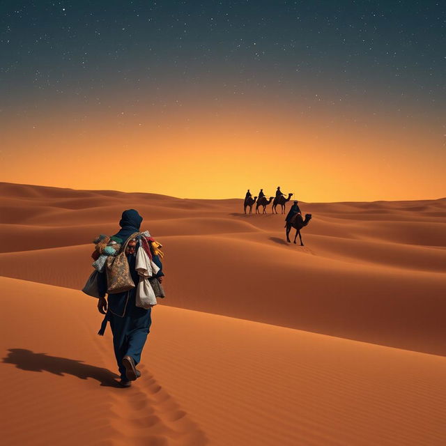 A black street vendor walking through a vast desert, with the silhouette of the three wise men from the East visible in the distance, under a starry sky