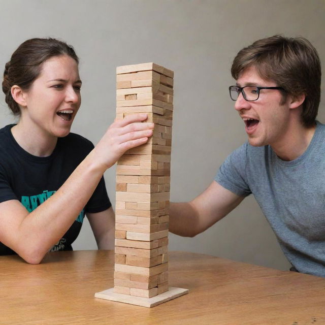 Three people enthusiastically engaging in a game of Jenga. The tower is precariously unstable and one person's hand is frozen in mid-action, just as the blocks topple over.