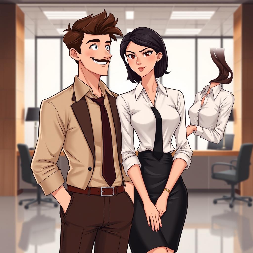 A captivating romance book cover featuring a stylish corporate office background