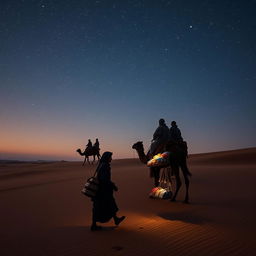 A black street vendor walking through an expansive desert, with the faint silhouettes of the three wise men from the East visible in the distance, traversing the sandy terrain beneath a beautifully starry sky