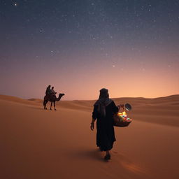 A black street vendor walking through an expansive desert, with the faint silhouettes of the three wise men from the East visible in the distance, traversing the sandy terrain beneath a beautifully starry sky