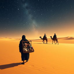 A black street vendor walking through an expansive desert, with the faint silhouettes of the three wise men from the East visible in the distance, traversing the sandy terrain beneath a beautifully starry sky