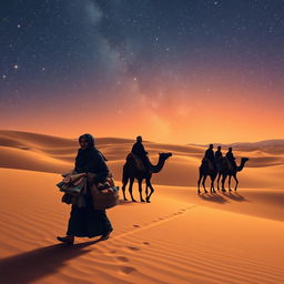 A black street vendor walking through an expansive desert, with the faint silhouettes of the three wise men from the East visible in the distance, traversing the sandy terrain beneath a beautifully starry sky