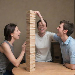 Three people enthusiastically engaging in a game of Jenga. The tower is precariously unstable and one person's hand is frozen in mid-action, just as the blocks topple over.