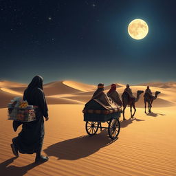 A black street vendor walking through the desert, with traditional cart filled with colorful goods