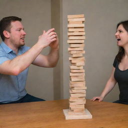 Three people enthusiastically engaging in a game of Jenga. The tower is precariously unstable and one person's hand is frozen in mid-action, just as the blocks topple over.