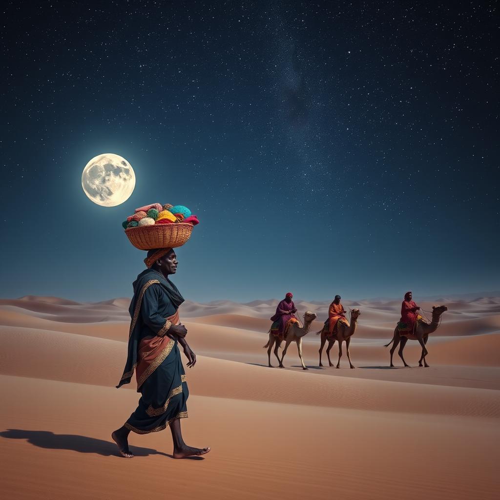 A black street vendor walking through the vast desert, carrying a basket of colorful goods on his head