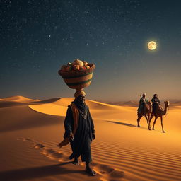 A black street vendor walking through the vast desert, carrying a basket of colorful goods on his head