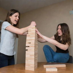 Three people enthusiastically engaging in a game of Jenga. The tower is precariously unstable and one person's hand is frozen in mid-action, just as the blocks topple over.