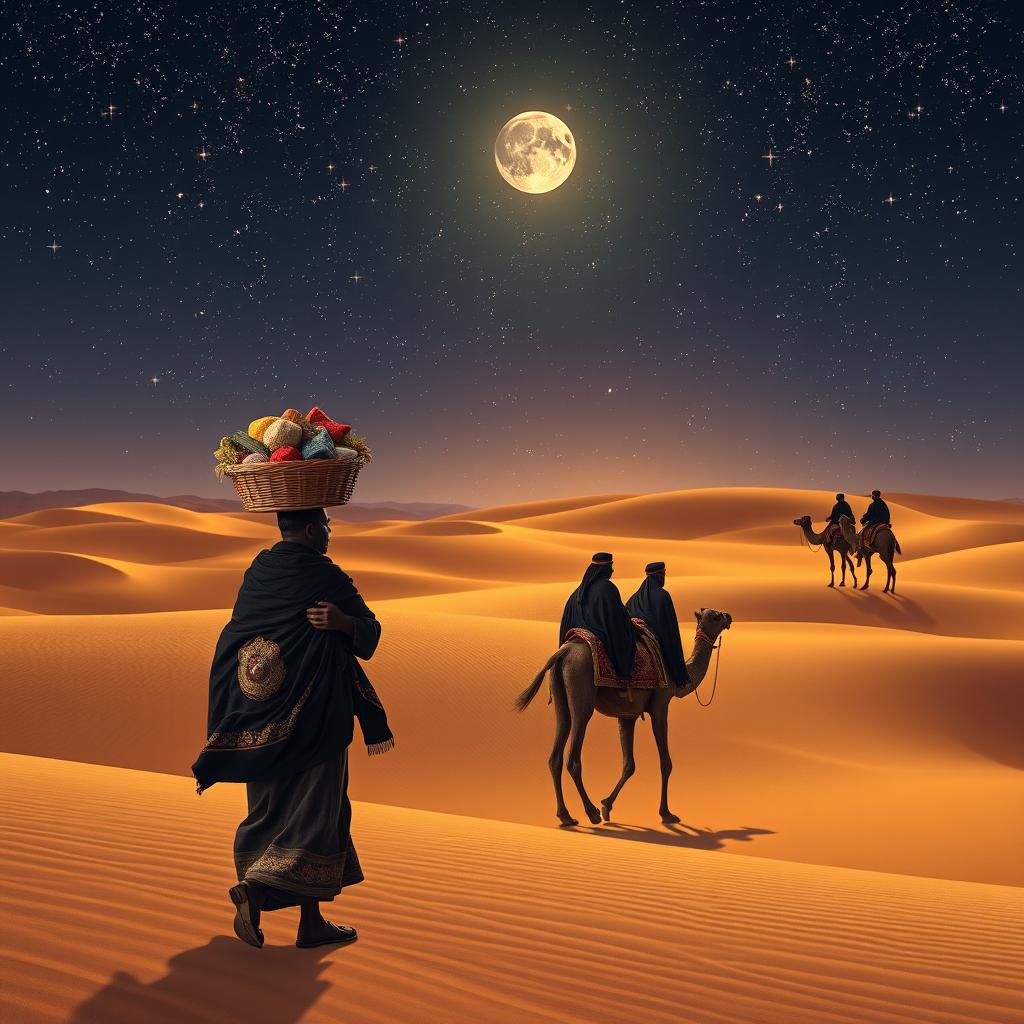 A black street vendor walking through the vast desert, carrying a basket of colorful goods on his head