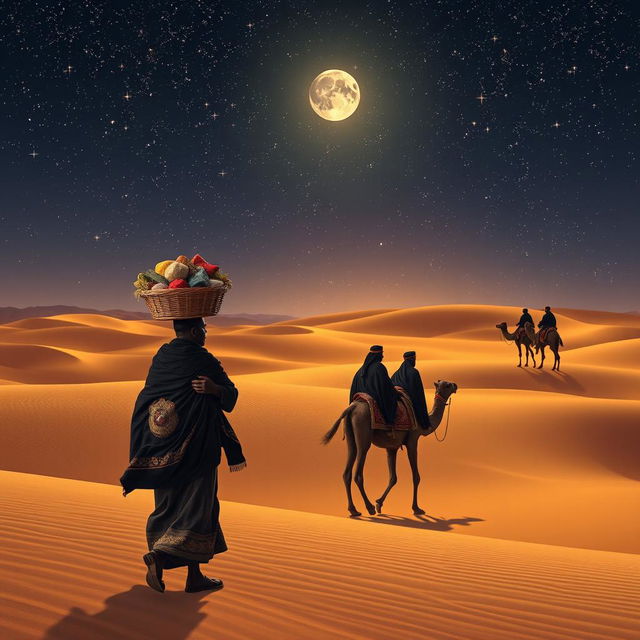 A black street vendor walking through the vast desert, carrying a basket of colorful goods on his head