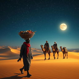 A black street vendor walking through the vast desert, carrying a basket of colorful goods on his head