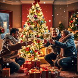 A festive New Year's scene featuring a beautifully decorated Christmas tree with sparkling lights and colorful ornaments