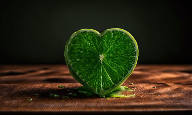 A heart-shaped lime slice on a rustic wooden cutting board, captured in high resolution with a Nikon camera using a 16mm lens at aperture F22.