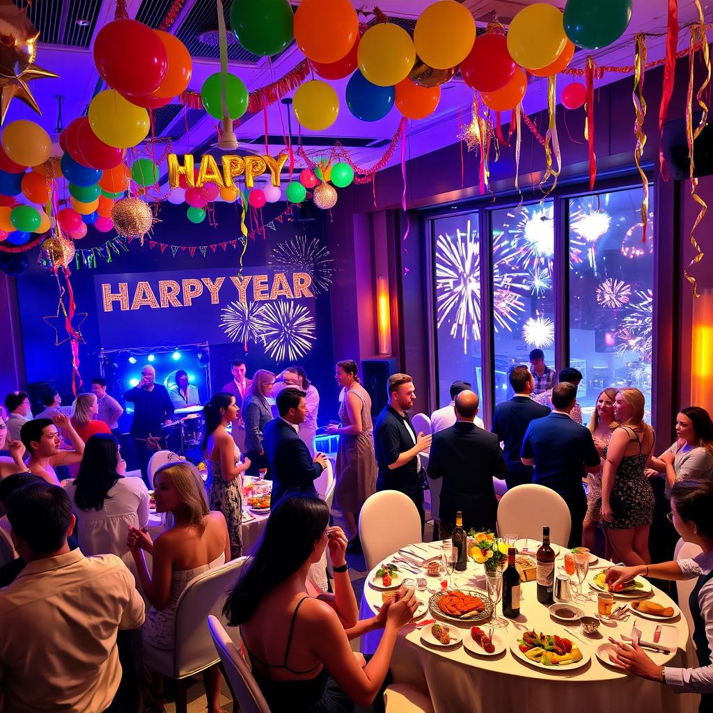 A lively New Year's celebration featuring a decorated party venue with colorful balloons, streamers, and a large banner saying 'Happy New Year!' Guests dressed in festive outfits are dancing and laughing, enjoying delicious food and drinks at elegantly set tables