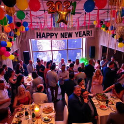 A lively New Year's celebration featuring a decorated party venue with colorful balloons, streamers, and a large banner saying 'Happy New Year!' Guests dressed in festive outfits are dancing and laughing, enjoying delicious food and drinks at elegantly set tables