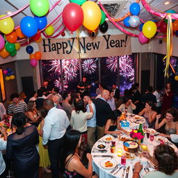 A lively New Year's celebration featuring a decorated party venue with colorful balloons, streamers, and a large banner saying 'Happy New Year!' Guests dressed in festive outfits are dancing and laughing, enjoying delicious food and drinks at elegantly set tables