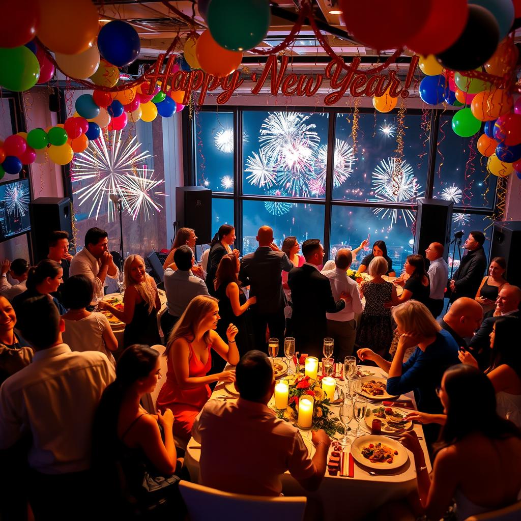 A lively New Year's celebration featuring a decorated party venue with colorful balloons, streamers, and a large banner saying 'Happy New Year!' Guests dressed in festive outfits are dancing and laughing, enjoying delicious food and drinks at elegantly set tables