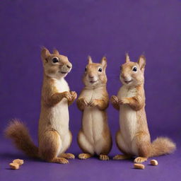 Charming squirrels crafted from creamy peanut butter posed playfully against a radiant deep purple background.