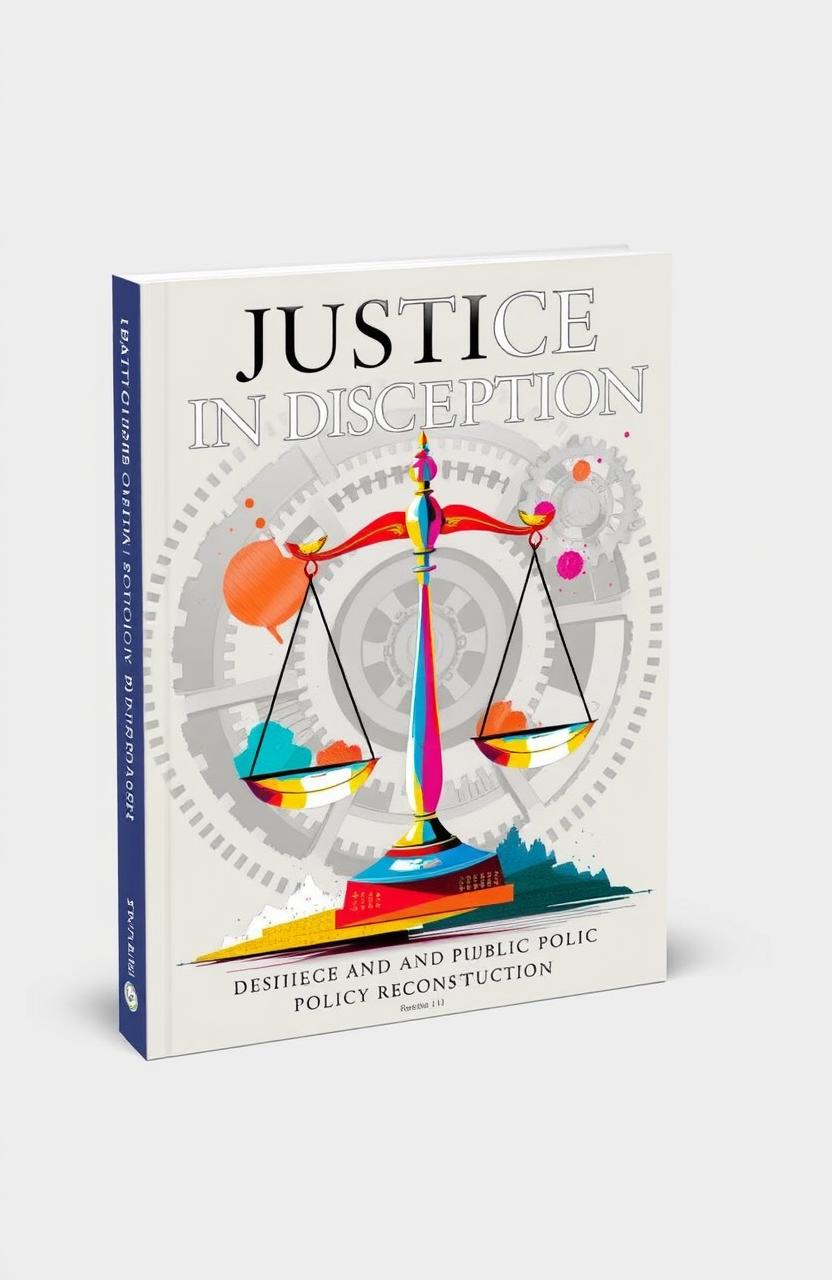 A captivating book cover design that visually represents the theme of justice in discretion and public policy reconstruction