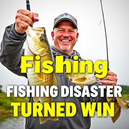 A happy fisherman holding a big bass fish triumphantly in one hand and a broken fishing rod in the other, showcasing a mixture of joy and excitement from a successful catch