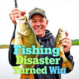 A happy fisherman holding a big bass fish triumphantly in one hand and a broken fishing rod in the other, showcasing a mixture of joy and excitement from a successful catch