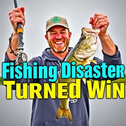 A happy fisherman holding a big bass fish triumphantly in one hand and a broken fishing rod in the other, showcasing a mixture of joy and excitement from a successful catch