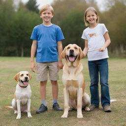 A tall boy and a short girl, both smiling, standing beside a playful labrador, a mischievous beagle, a friendly dog of unidentified breed, and a contented cat.