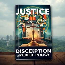 A visually striking book cover design that embodies the themes of 'Justice', 'Discretion', and 'Reconstruction of Public Policy'