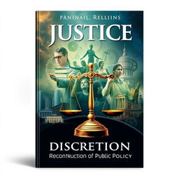 A visually striking book cover design that embodies the themes of 'Justice', 'Discretion', and 'Reconstruction of Public Policy'