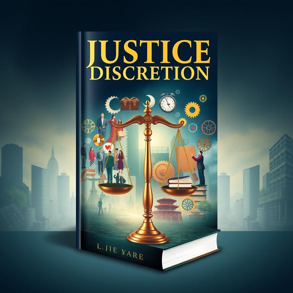 A visually striking book cover design that embodies the themes of 'Justice', 'Discretion', and 'Reconstruction of Public Policy'