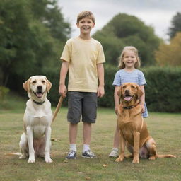 A tall boy and a short girl, both smiling, standing beside a playful labrador, a mischievous beagle, a friendly dog of unidentified breed, and a contented cat.