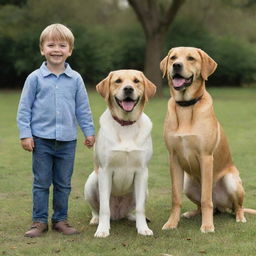 A tall boy and a short girl, both smiling, standing beside a playful labrador, a mischievous beagle, a friendly dog of unidentified breed, and a contented cat.