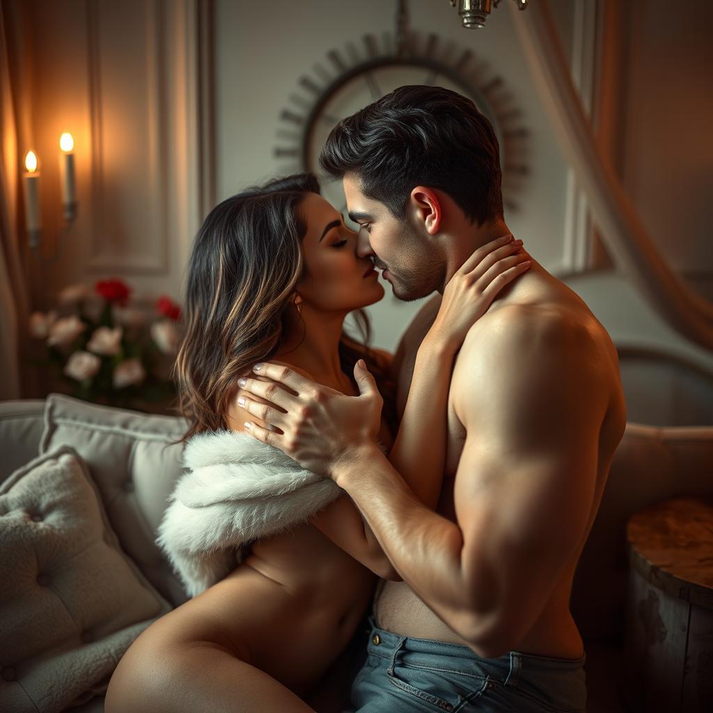 A sensual and intimate scene featuring two adults enjoying a romantic moment, an abstract representation capturing the essence of desire and connection