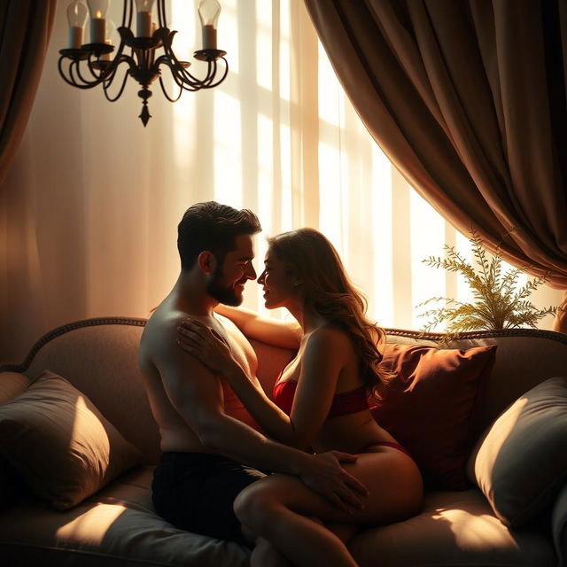 A sensual and intimate scene featuring two adults enjoying a romantic moment, an abstract representation capturing the essence of desire and connection