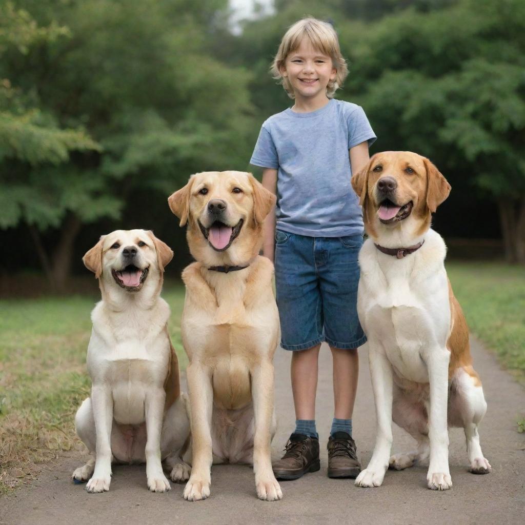 A tall boy and a short girl, both smiling, standing beside a playful labrador, a mischievous beagle, a friendly dog of unidentified breed, and a contented cat.