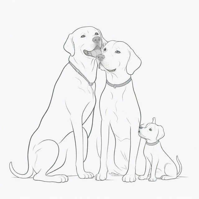 A line art illustration of a tall boy and a short girl, gleefully interlocked showing their love, with a playful Labrador, a mischievous Beagle, an amiable unknown breed dog, and a contented cat.