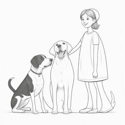 A line art illustration of a tall boy and a short girl, gleefully interlocked showing their love, with a playful Labrador, a mischievous Beagle, an amiable unknown breed dog, and a contented cat.