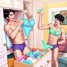 A humorous scene featuring two male characters in playful disguise, where Henry, disguised as Sandra, mischievously rummages through a drawer overflowing with colorful lingerie