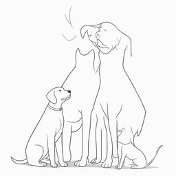 A line art illustration of a tall boy and a short girl, gleefully interlocked showing their love, with a playful Labrador, a mischievous Beagle, an amiable unknown breed dog, and a contented cat.