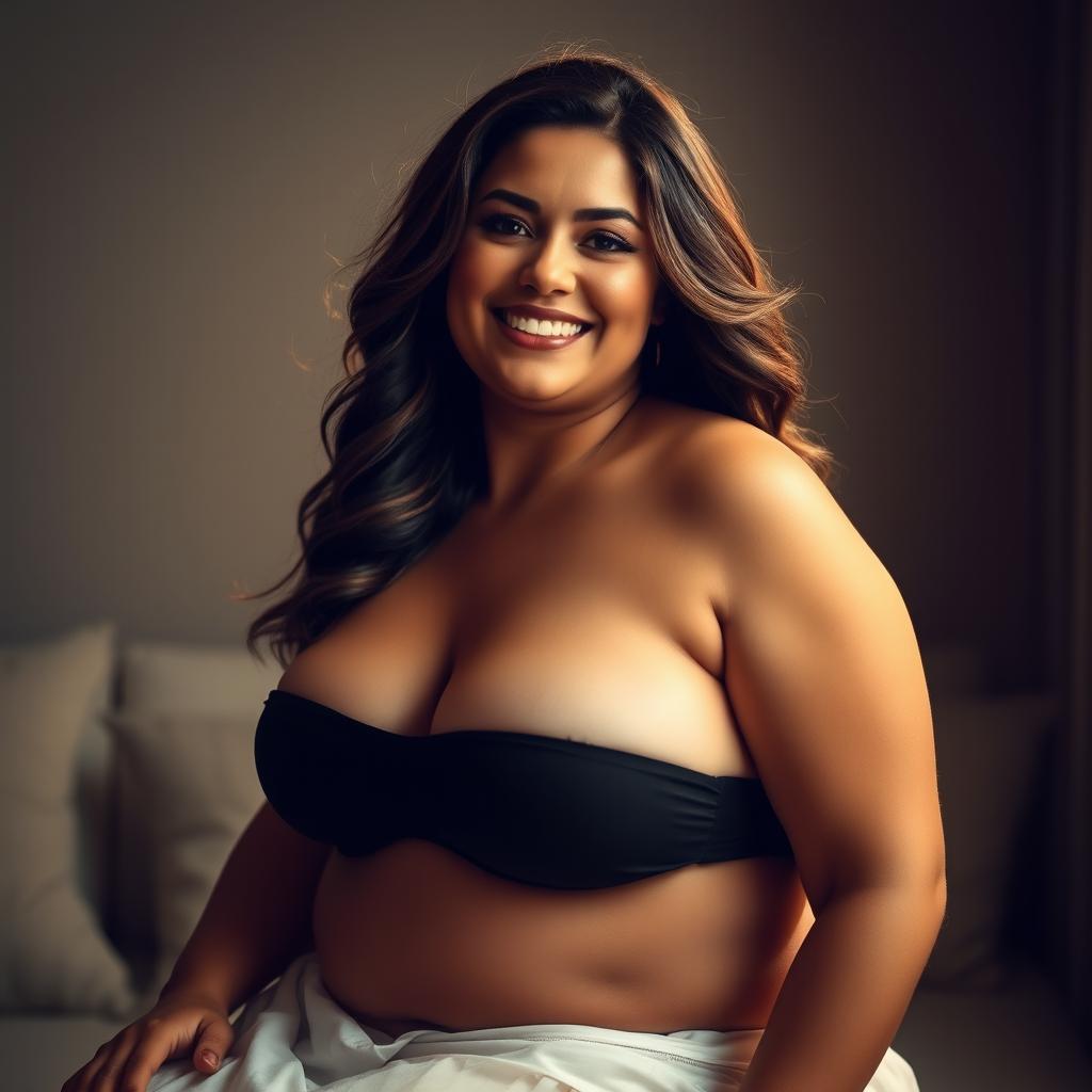 A full-figured Caucasian woman with an alluring smile, showcasing her confidence and beauty