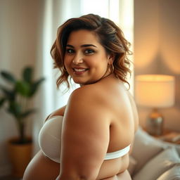 A full-figured Caucasian woman with an alluring smile, showcasing her confidence and beauty