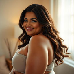 A full-figured Caucasian woman with an alluring smile, showcasing her confidence and beauty