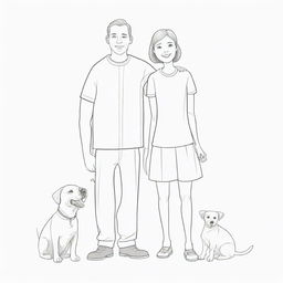 A line art illustration of a tall boy and a short girl, gleefully interlocked showing their love, with a playful Labrador, a mischievous Beagle, an amiable unknown breed dog, and a contented cat.